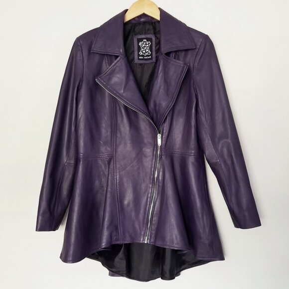 Real 100% Genuine Leather Peplum Long Sleeves Asymmetric Jacket M Purple - Picture 5 of 16